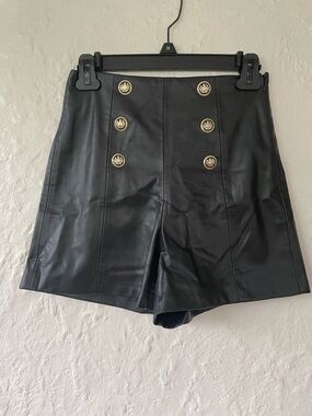 Zara metallic black high waisted faux leather sailor shorts, gold buttons; XS